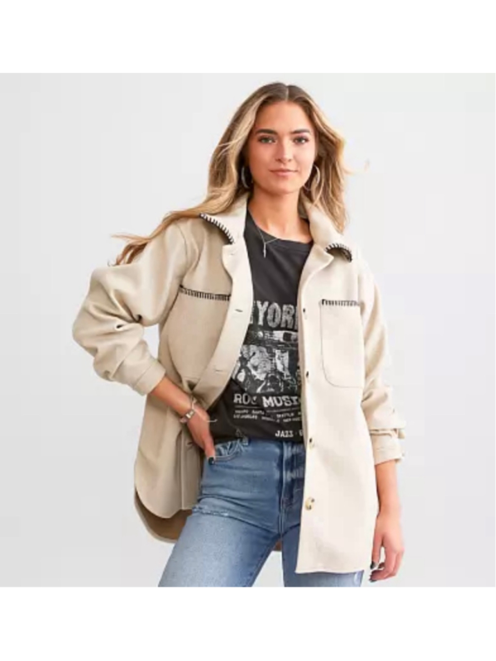BKE Tan Felt Shacket Black Stitching Western Boho Jacket Button Front Sz Small